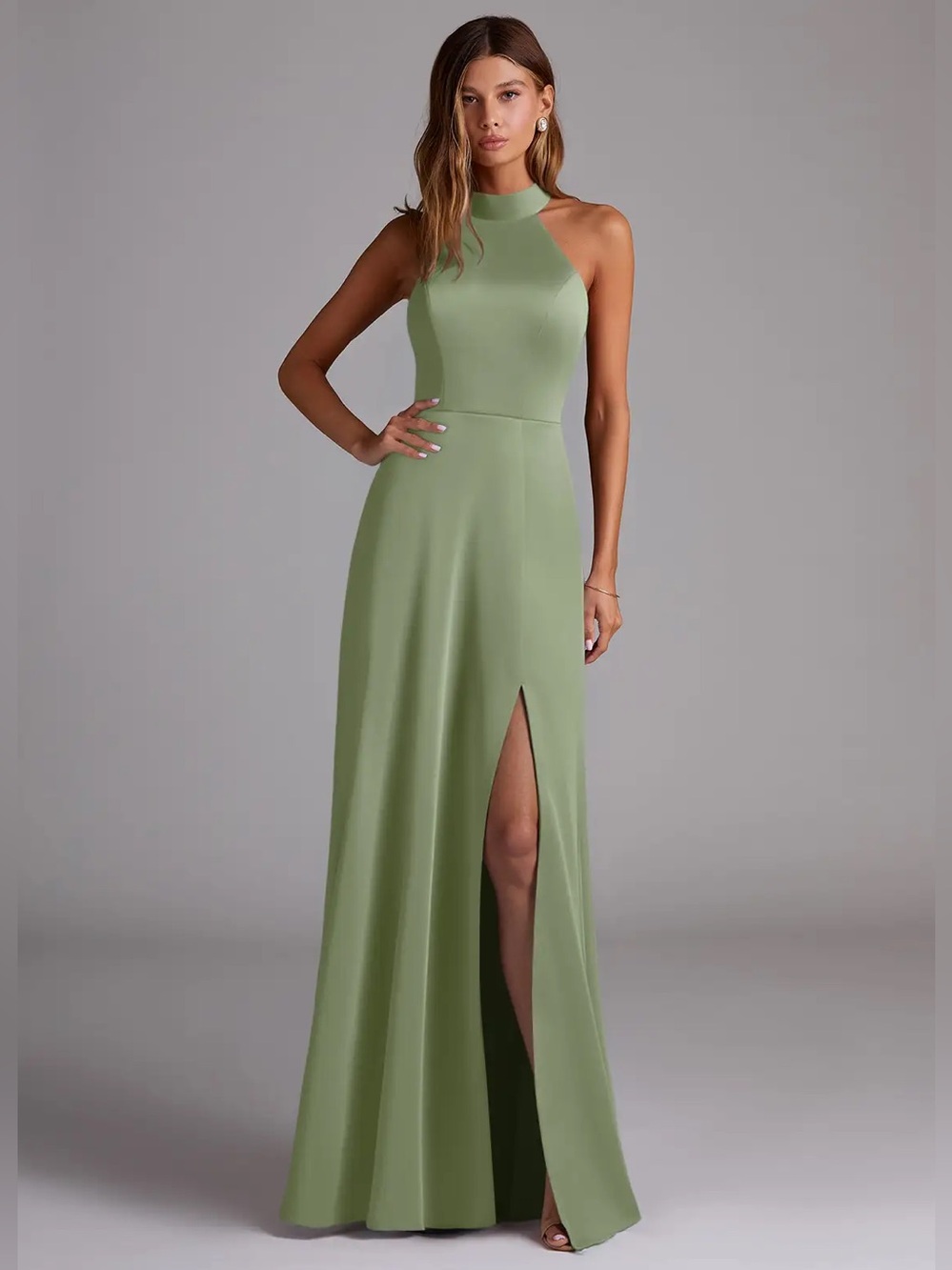Azazie Myra Stretch Satin Dress in Pistachio